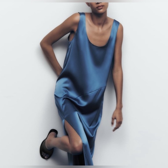 Zara blue satin maxi dress NWOT - Picture 2 of 4